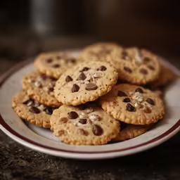a white plate topped with chocolate chip cookies
