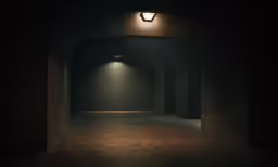 an empty hallway illuminated by lamps in the dark
