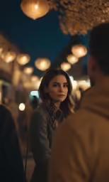a woman stands outside in the dark looking away