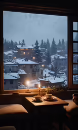 candle in the middle of a table with a view