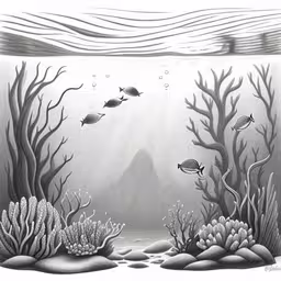 a drawing of water scene with fish,a black and white painting of an underwater scene,a drawing of fish swim through a underwater sea life scene,a drawing of a sea scene with fish swimming under water,the underwater scene is black and white