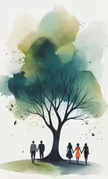 family walking by tree in watercolor drawing
