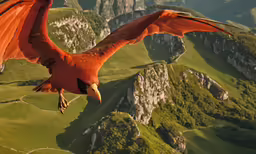 a bird flying over green hills, with mountains behind it