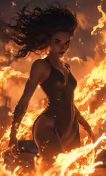a woman dressed in lingerie in front of a bunch of flames