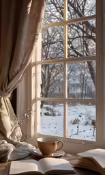 a coffee cup is sitting in front of a window