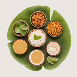 various foods in bowls sitting on a green leaf