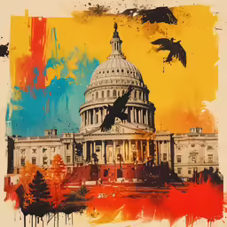 an altered image of the u s capitol building with black birds in the background
