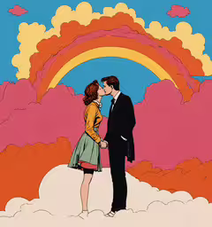 the kissing couple are in the sky under the rainbow,the art of animation featuring a woman kissing a man