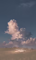 clouds and some vehicles are in the field