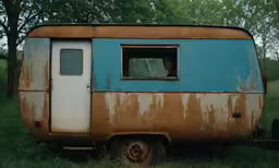 an old blue and brown trailer sitting in the grass