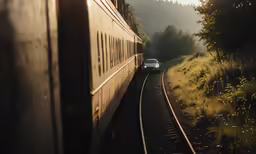 a train that is passing by a field and some trees