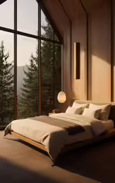 a bed sits under tall windows and wooden walls