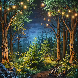 an artistic painting of lights in the forest