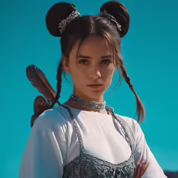 an asian woman with two hair buns in her hair