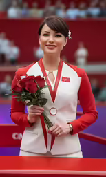 a young woman holding red flowers and a bouquet