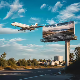 an airplane flying above the airport with sky in background