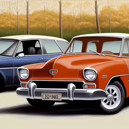 a painting of some old cars that are parked together,several different old fashioned cars parked in a parking lot