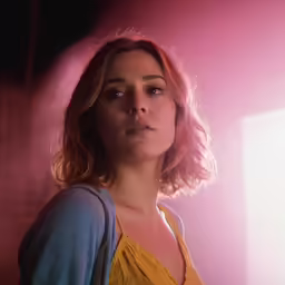 a woman with pink hair stands in front of a pink wall