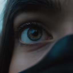 the eye of a woman with long brown hair and blue eyes