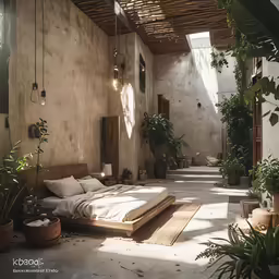 an open airy bedroom that has plants in it