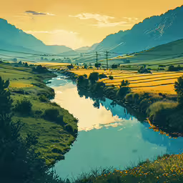 a painting of a mountain valley and river,a painting of a landscape with a river and mountains