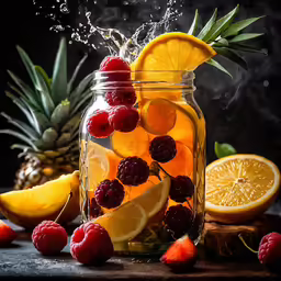 lemons, raspberries and pineapple are poured in a mason jar on a table