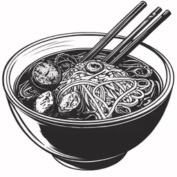 a drawing of chinese dish with noodles and chop sticks