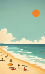 a poster depicting beach scene with people on the shore and on the water