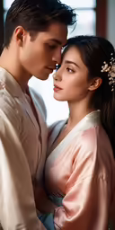 the young couple is posing for an attractive photo