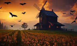 there are bats flying around in front of a house,a group of birds flying over a windmill next to a field