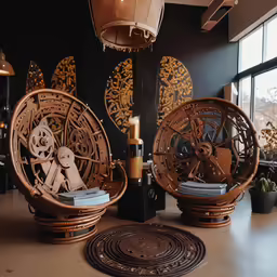 two wooden clocks sitting on a counter in front of windows