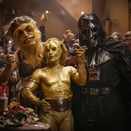 two characters dressed up as star wars characters and a child are standing next to each other