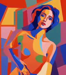 a painting of a woman with different colors,a painting of a woman in a colorful shirt