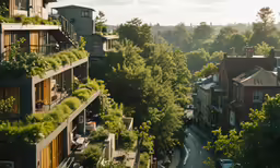 two apartment buildings overlooking the valley with plants growing on them