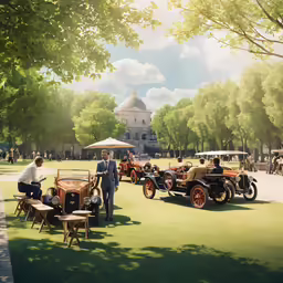 the antique vehicles are parked on a lawn