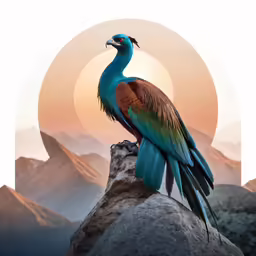 a colorful bird sits on a rock overlooking the mountains