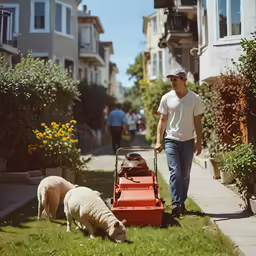a man pushes a lawn mower behind two sheep