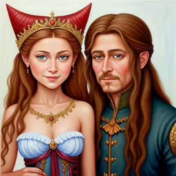this picture depicts the couple as king and queen,a portrait of two people wearing medieval clothing