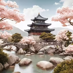 cherry blossoms are growing near a chinese pagoda