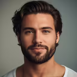 a man in a grey tank top looking at the camera