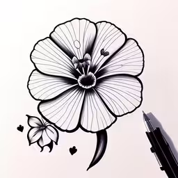 a black and white flower with hearts on it,black and white drawing of a flower on paper