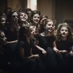 young girls laughing and sitting on the floor in front of an audience