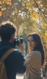 a man taking a photo of a woman in an autumn forest