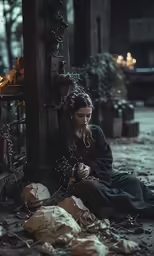 a woman sitting on the ground near a wall