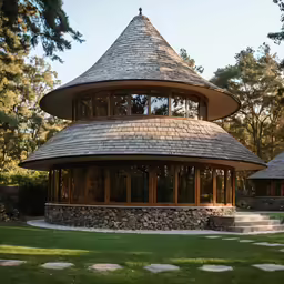 the circular structure has two windows, surrounded by a stone walkway