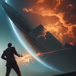 man looking at a strange, glowing object while standing on top of a hill