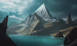 a snowy mountain stands above water and a body of water
