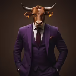 a cow with his head dressed in a purple suit