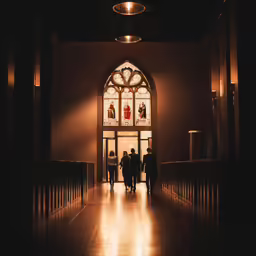 people walking down the hall to enter into a church