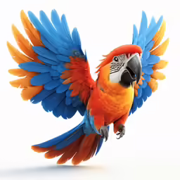an orange and blue bird is flying with its wings spread out
